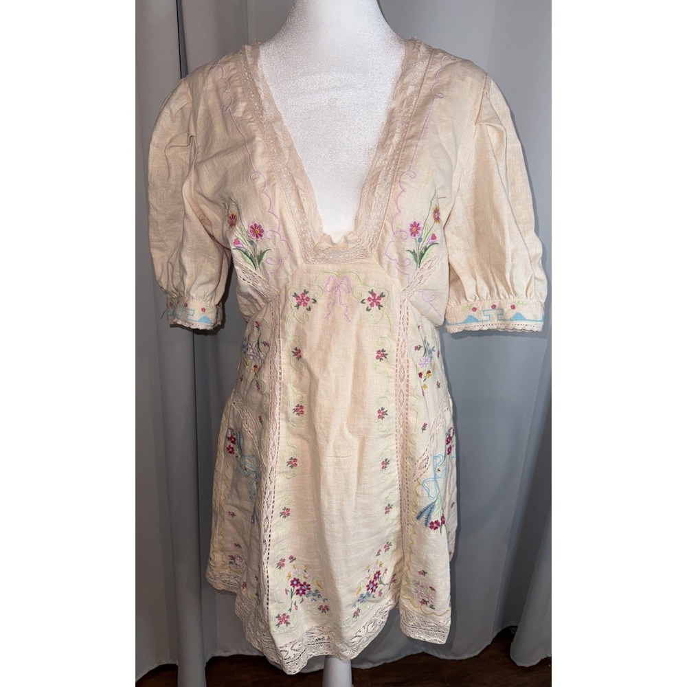 Anthropologie Cream Mini Dress with Pink & Blue Floral Embroidery